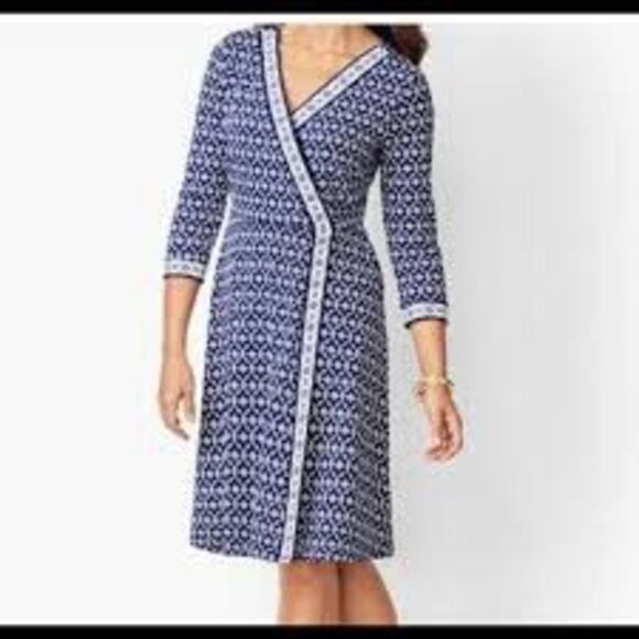 Talbots Plus Size 3X Faux Wrap Knee Length Dress Blue Geometric Print 3/4 Sleeve - Picture 1 of 10